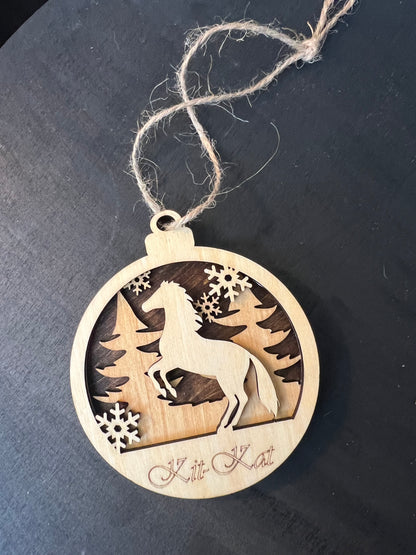Personalized Horse Christmas Ornament – Custom Engraved Wood Equestrian Keepsake