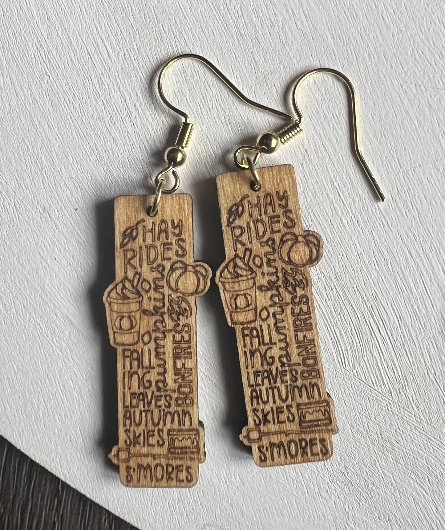 Fall Engraved Wooden Rectangle Earrings