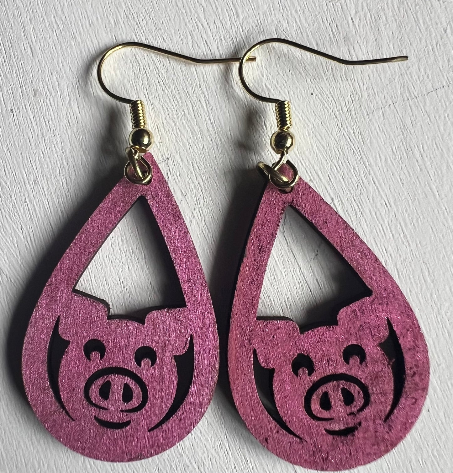 Pink Piggy Silhouette Teardrop Wooden Earrings