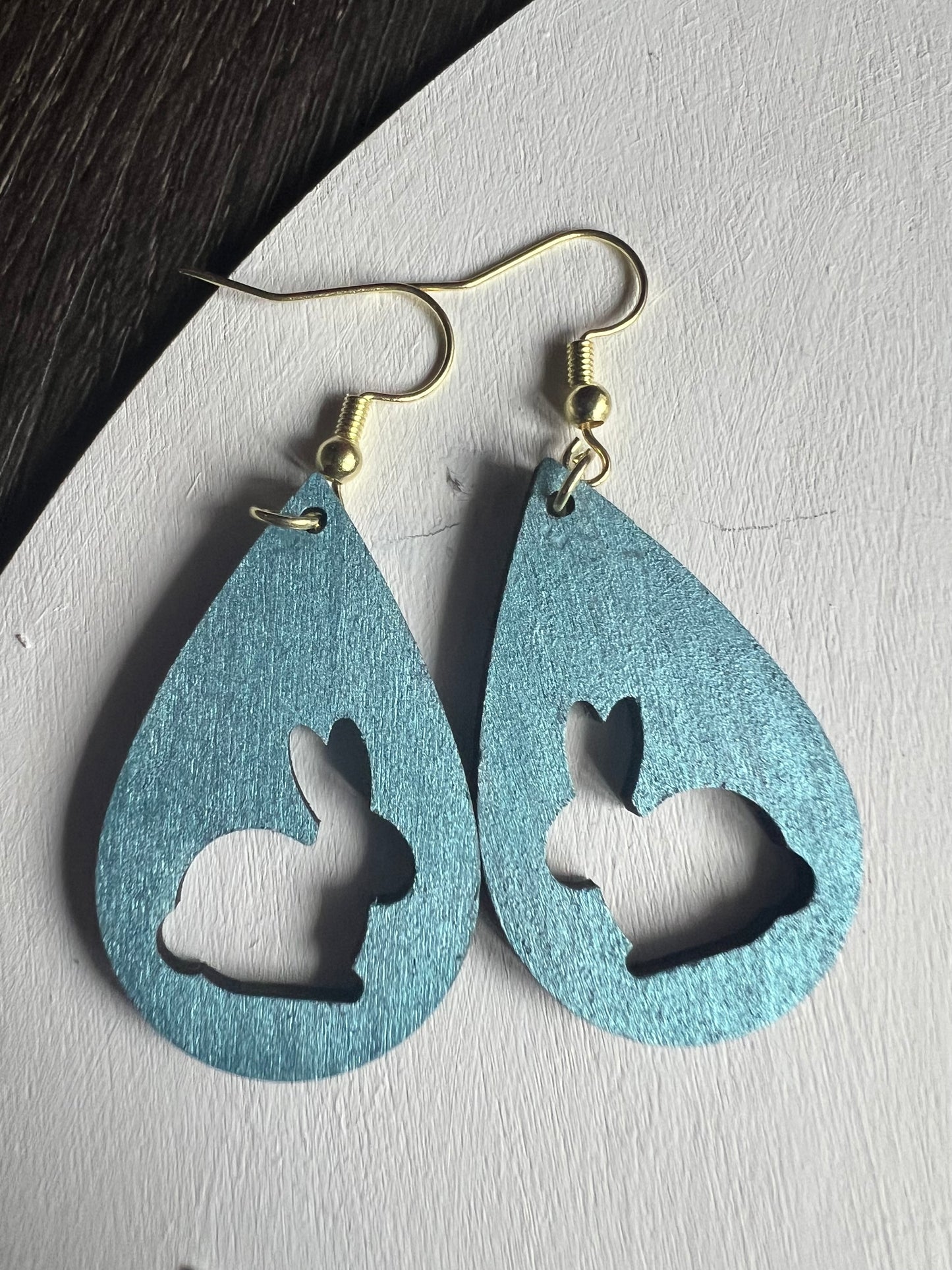 Blue Bunny Silhouette Wooden Earrings