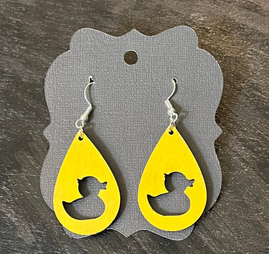 Yellow Duck Silhouette Wooden Teardrop Earrings