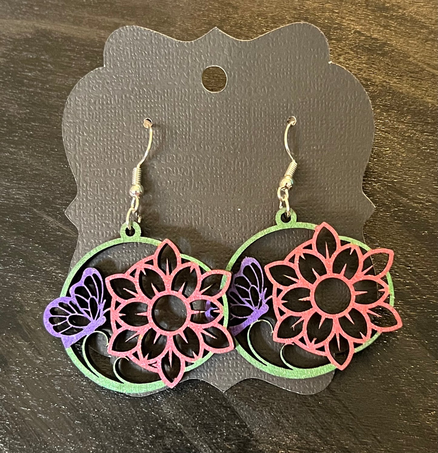 Colorful Floral Butterfly Mandala Wooden Earrings