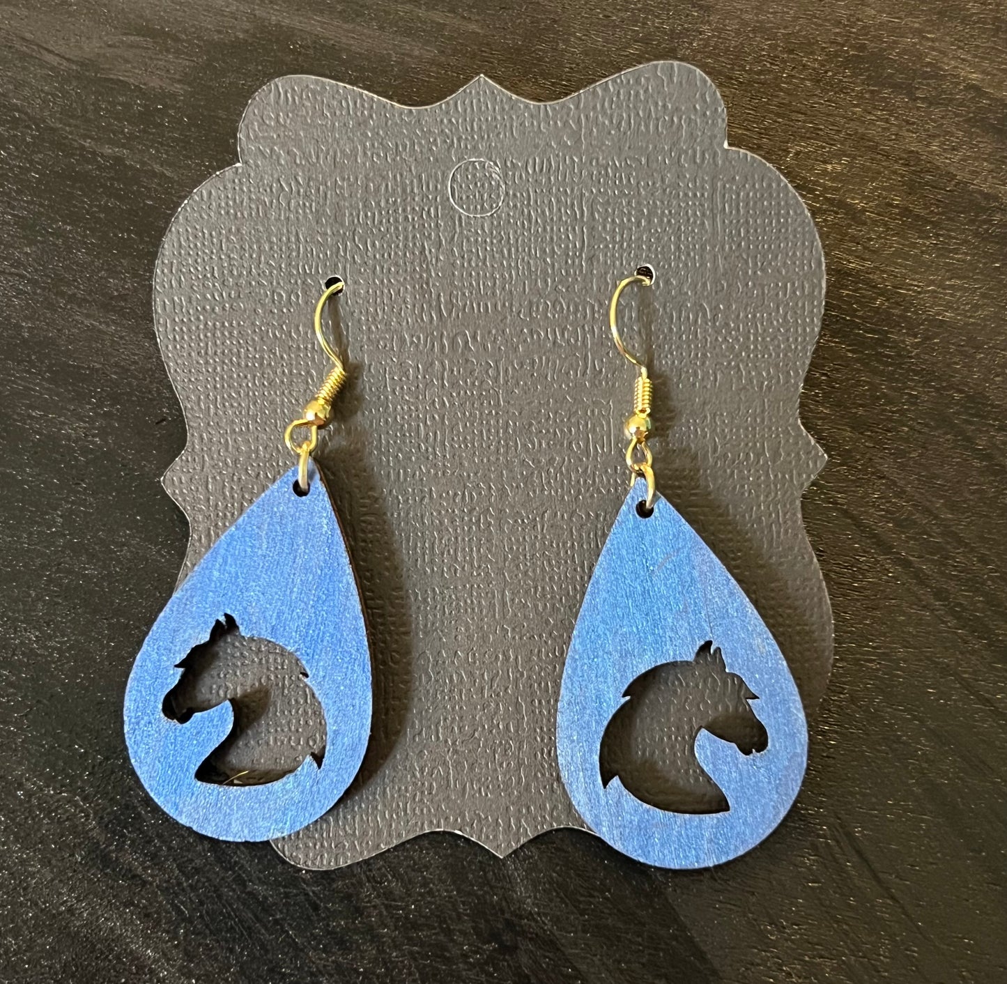 Cerulean Blue Horse Silhouette Wooden Earrings