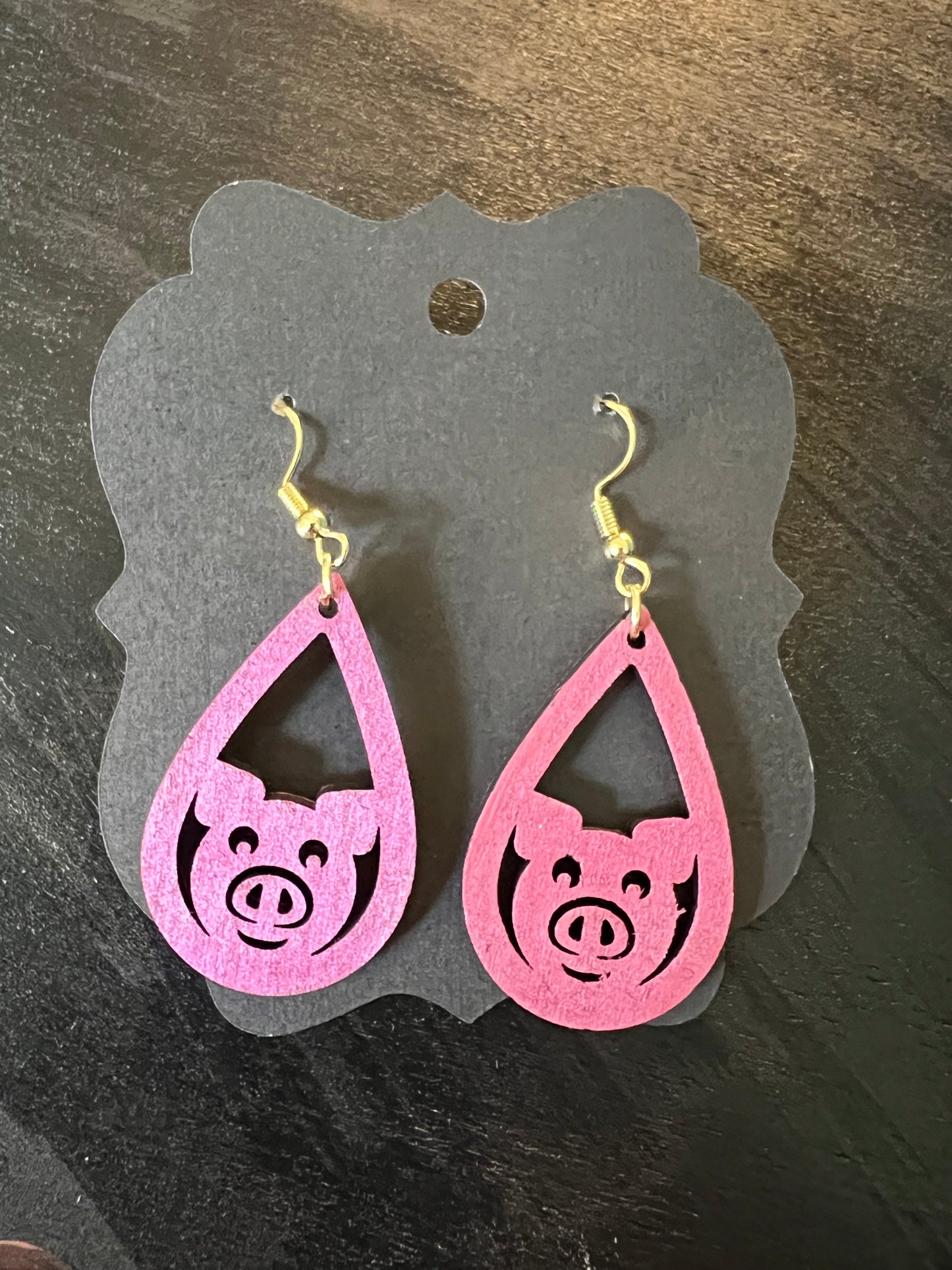 Pink Piggy Silhouette Teardrop Wooden Earrings