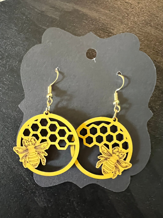 Honeycomb & Bee Wooden Earrings