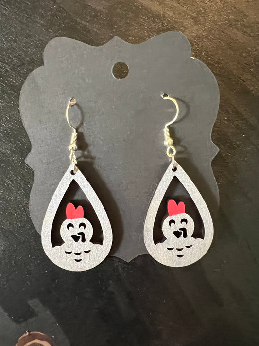 Silver and Red Chicken Wooden Earrings