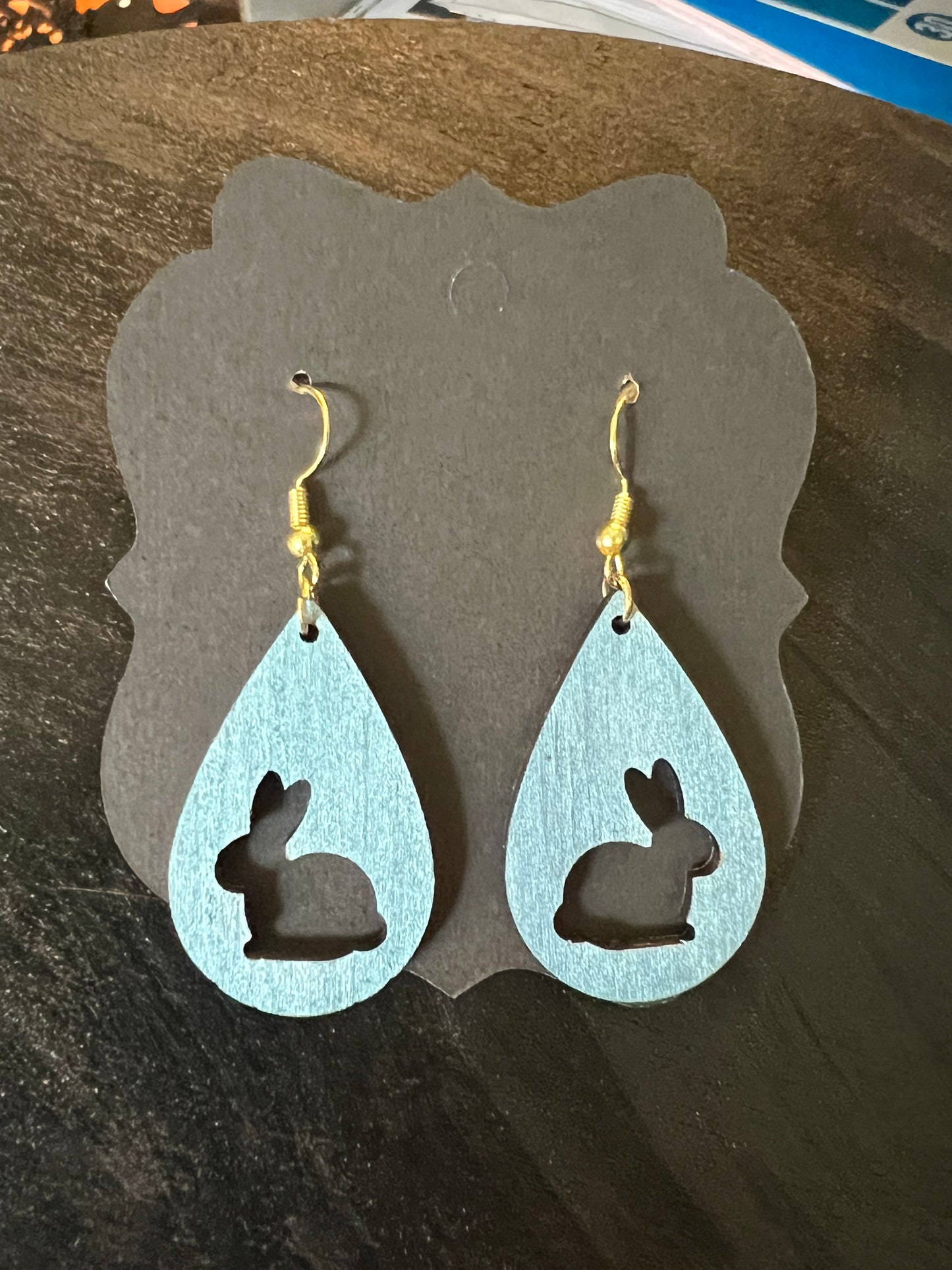 Blue Bunny Silhouette Wooden Earrings
