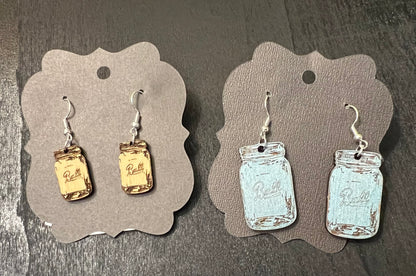 Blue Rustic Ball Jar Wooden Earrings – Vintage Mason Jar Dangle Jewelry
