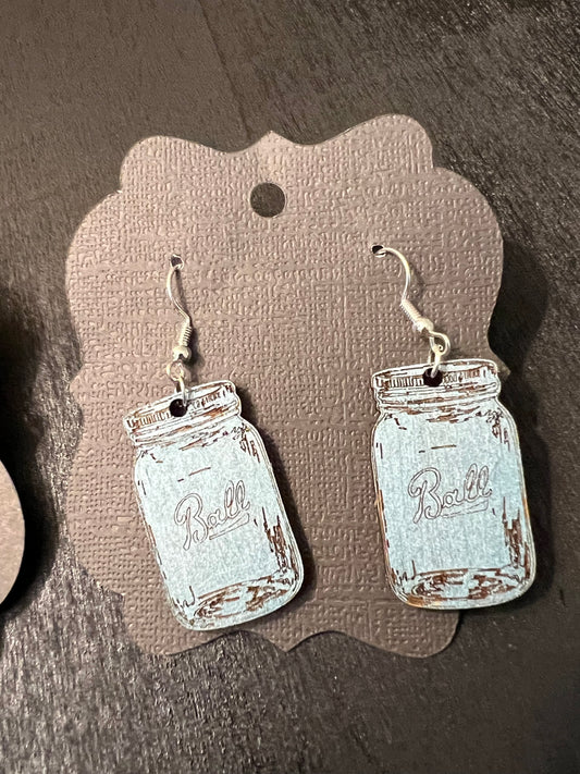 Blue Rustic Ball Jar Wooden Earrings – Vintage Mason Jar Dangle Jewelry
