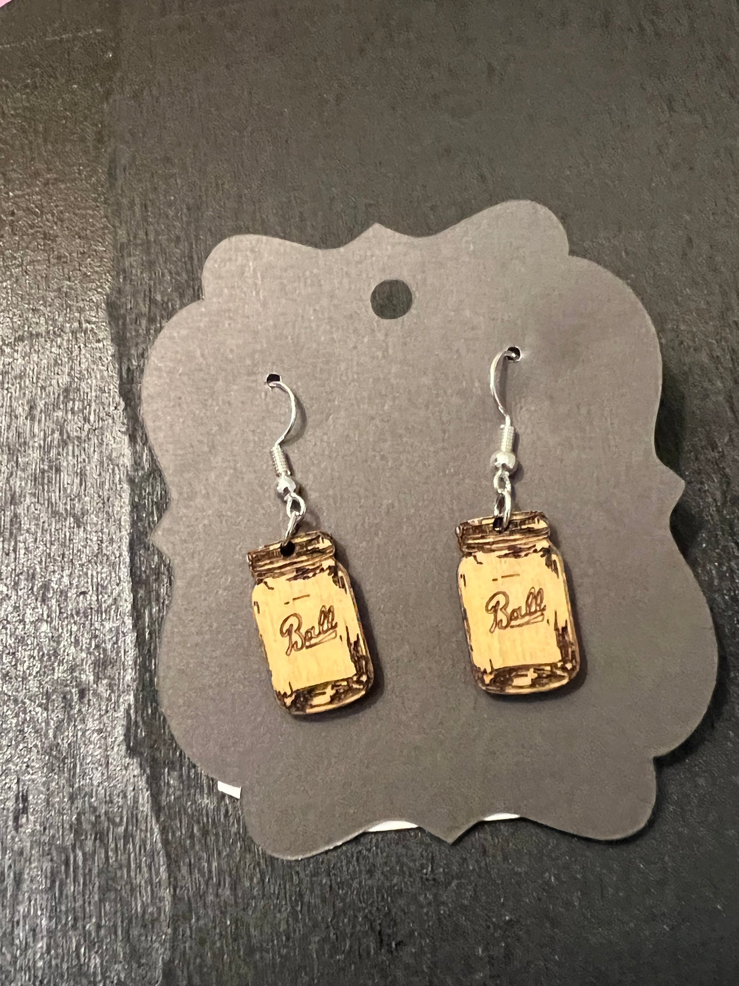 Rustic Ball Jar Wooden Earrings – Mason Jar Dangle Jewelry Natural Wood Color