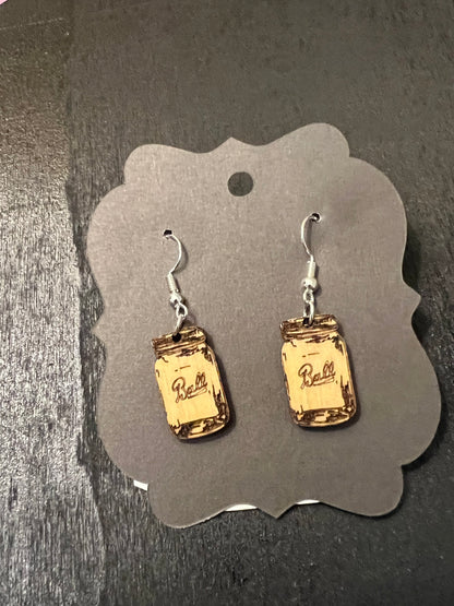 Rustic Ball Jar Wooden Earrings – Mason Jar Dangle Jewelry Natural Wood Color