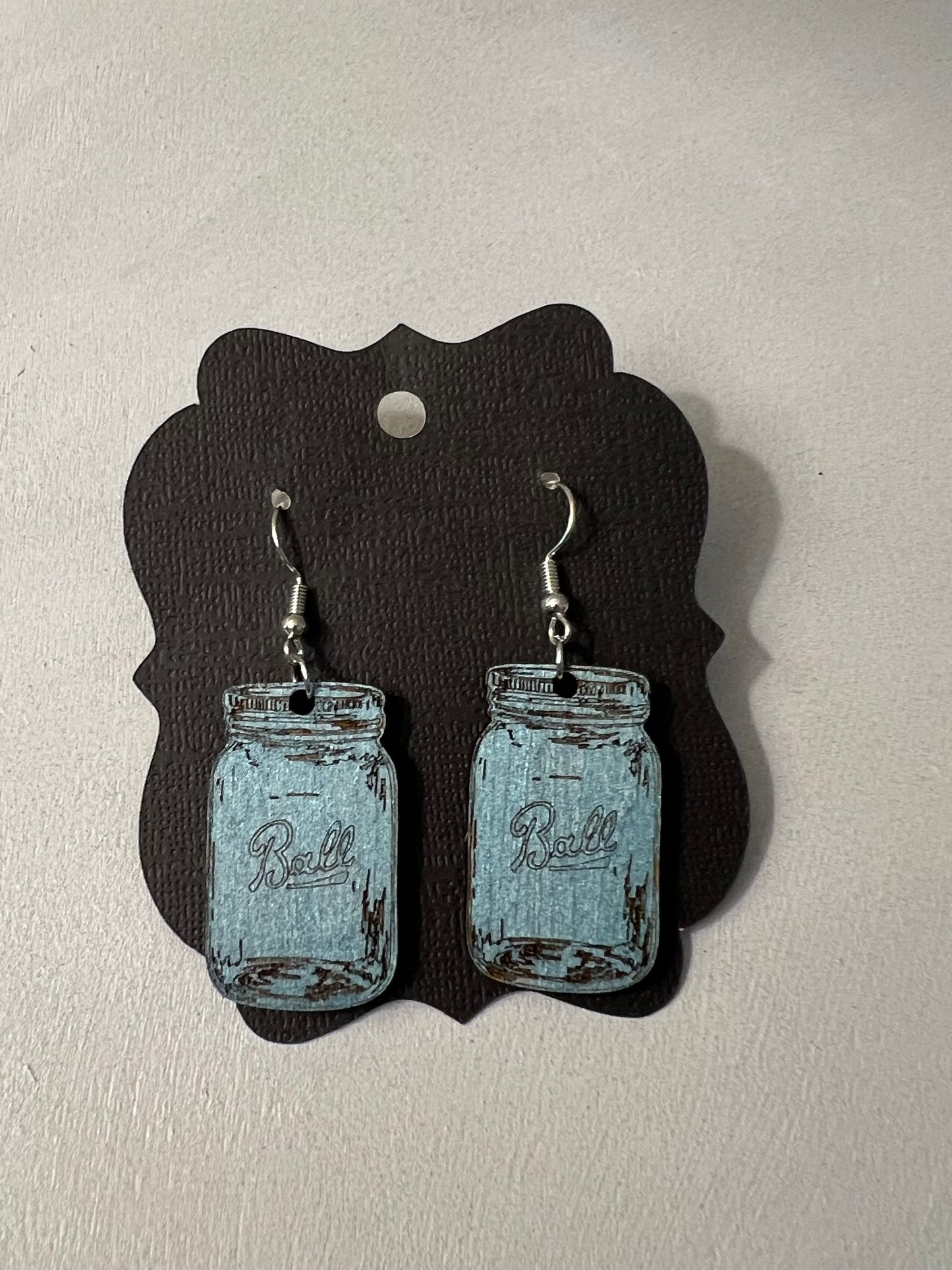Blue Rustic Ball Jar Wooden Earrings – Vintage Mason Jar Dangle Jewelry