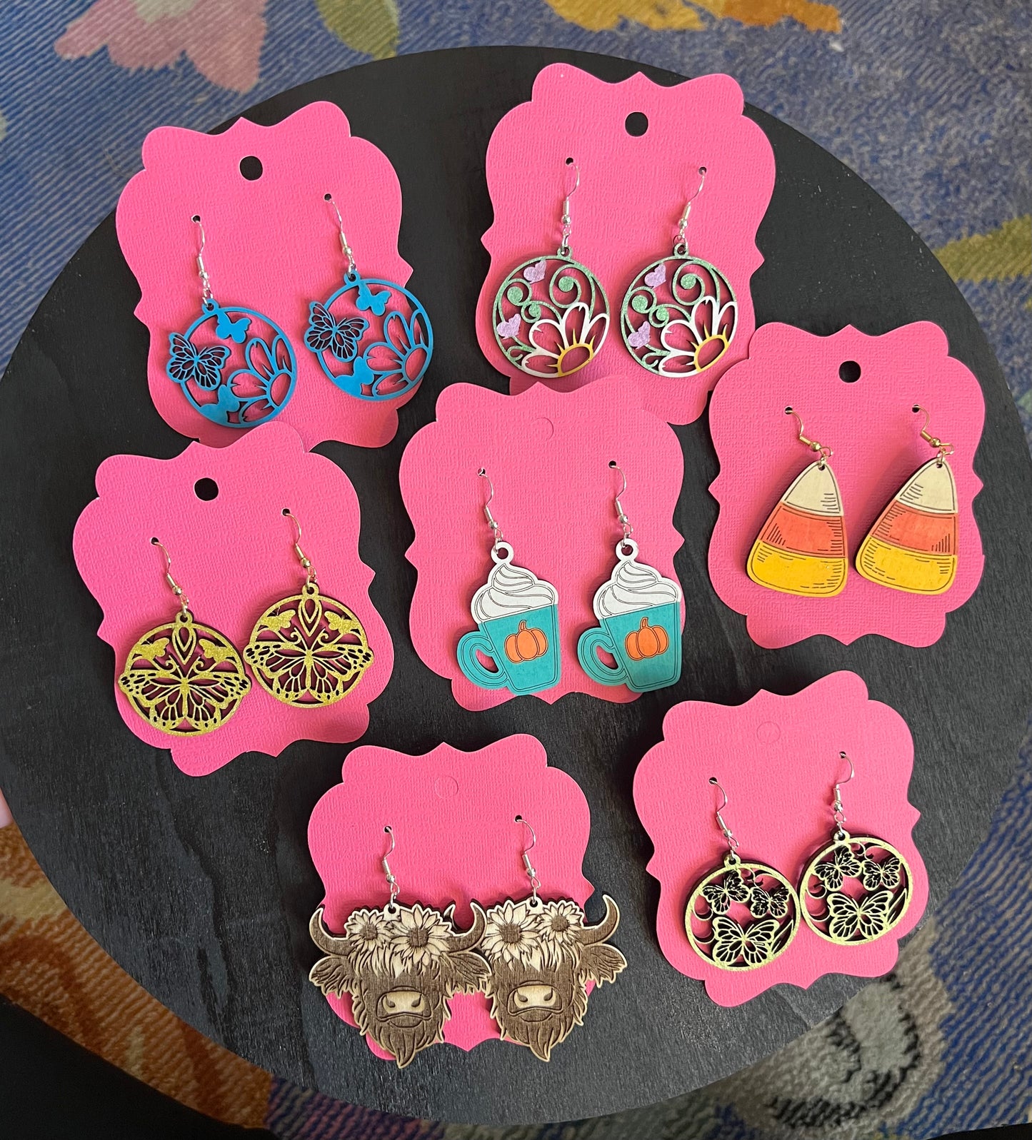 Pink & Green Floral Butterfly Circle Earrings