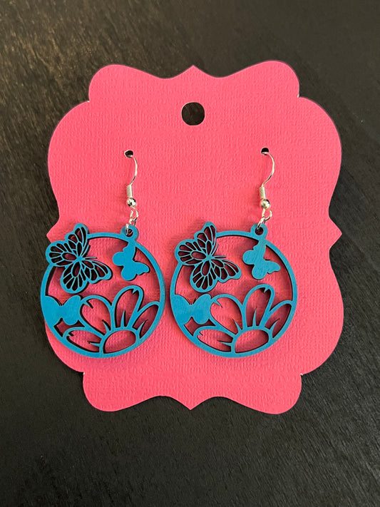 Blue Butterfly & Flower Wooden Earrings