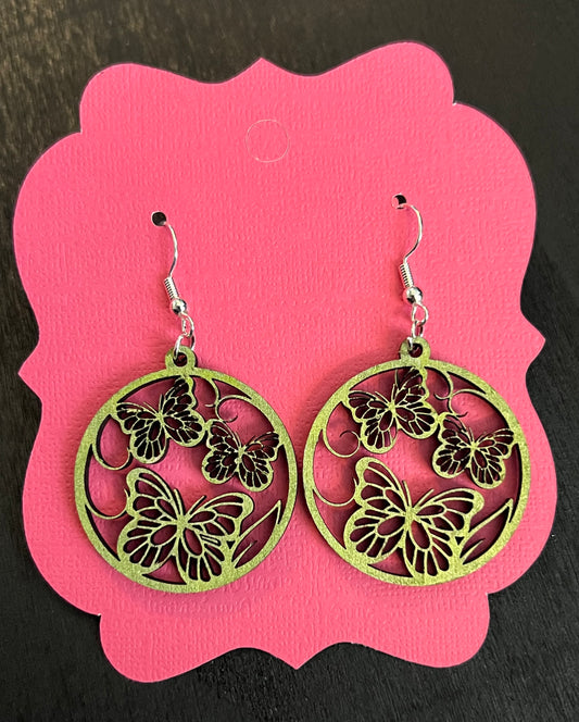 Olive Green Metallic Mandala Wooden Earrings