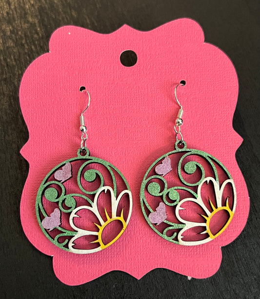 Pink & Green Floral Butterfly Circle Earrings