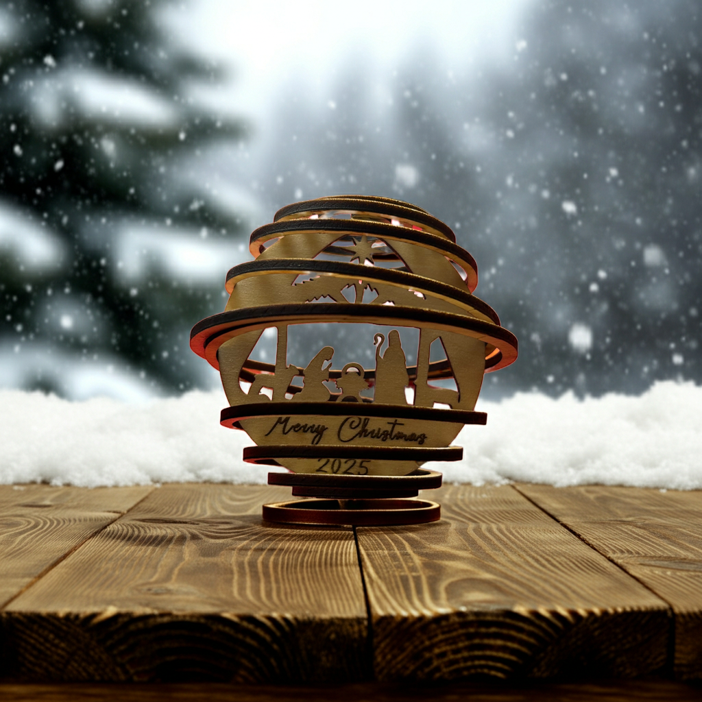 Decorative Christmas lantern with 'Merry Christmas' text on a wooden surface with a snowy background.