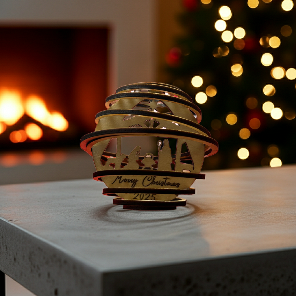 Nativity Scene Spiral Wooden Ornament - Merry Christmas 2025