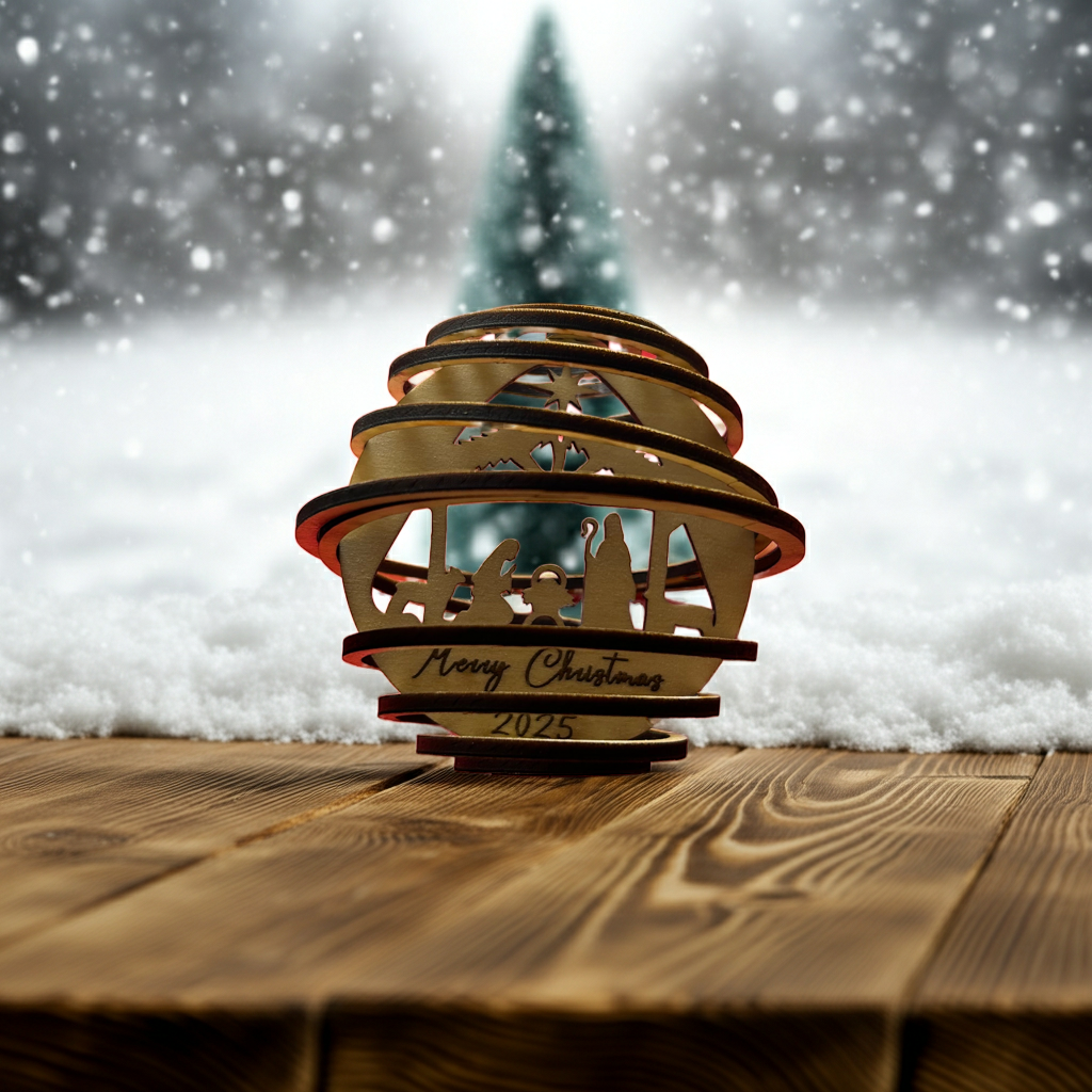 Wooden Christmas ornament with 'Merry Christmas 2023' on a wooden surface with a snowy background.