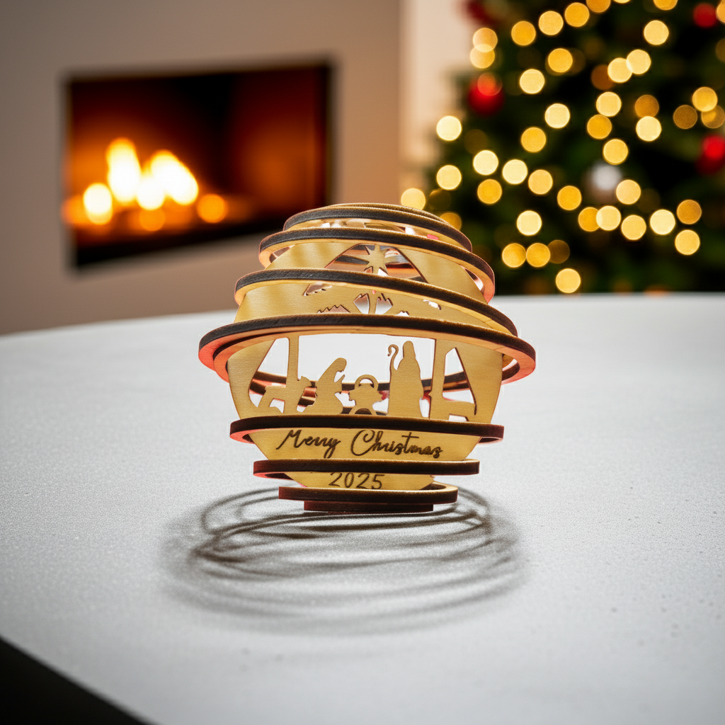 Decorative Christmas nativity scene ornament on a table with a fireplace and tree in the background.