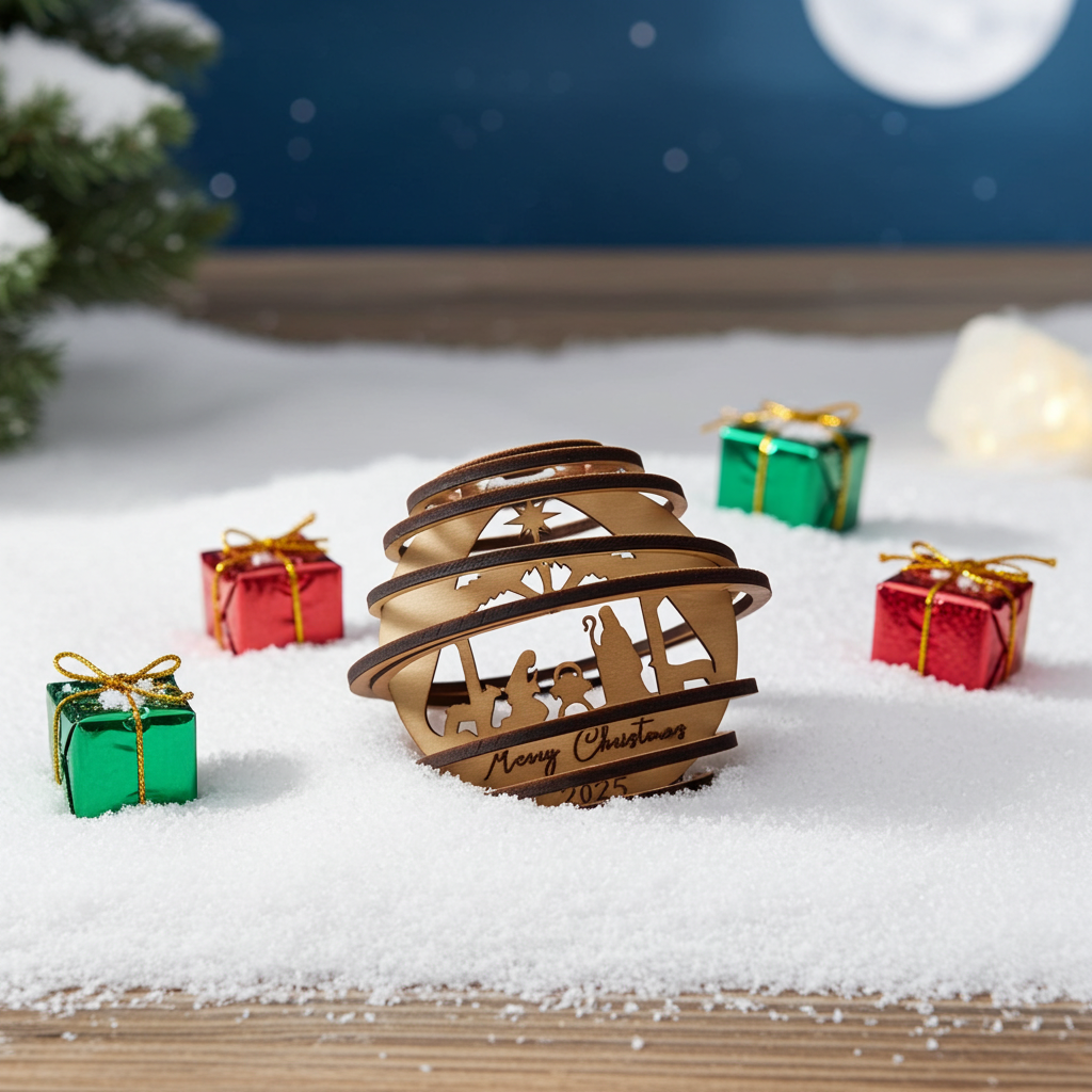 Nativity Scene Spiral Wooden Ornament - Merry Christmas 2025