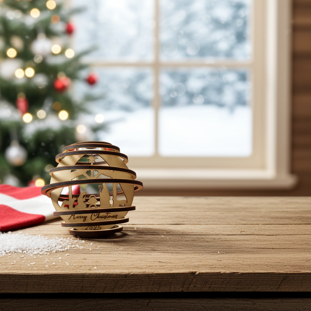 Nativity Scene Spiral Wooden Ornament - Merry Christmas 2025