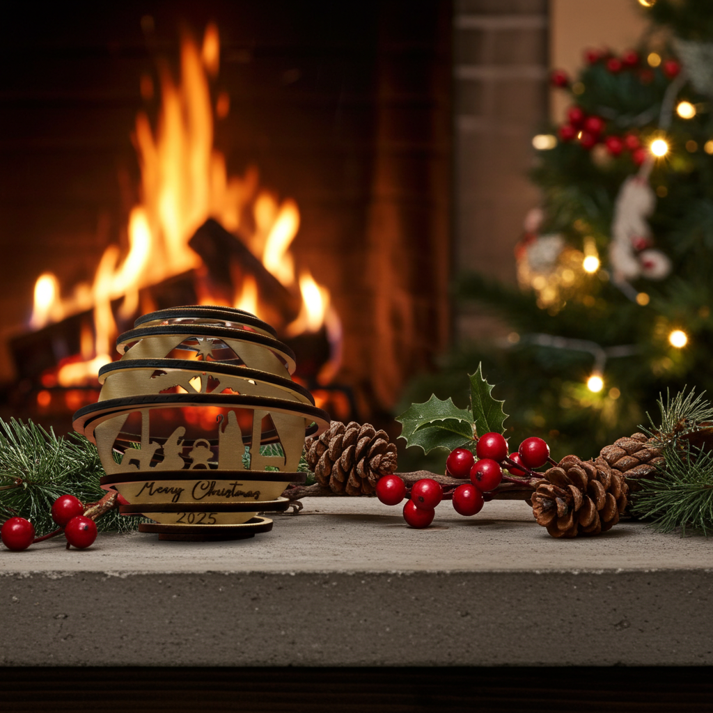 Nativity Scene Spiral Wooden Ornament - Merry Christmas 2025