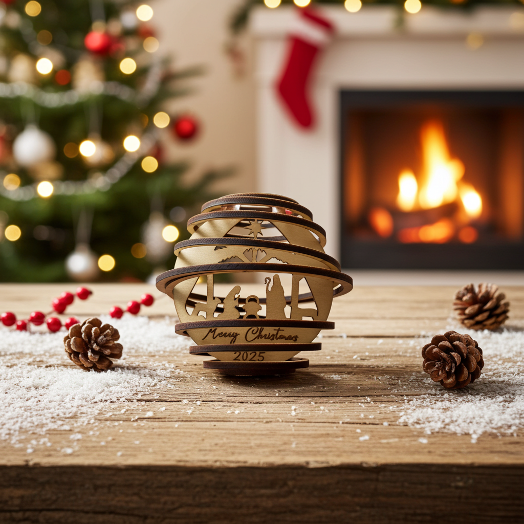 Nativity Scene Spiral Wooden Ornament - Merry Christmas 2025