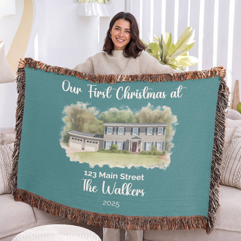 Our First Christmas In Our New Home Watercolor Woven Blanket 🎄🏡