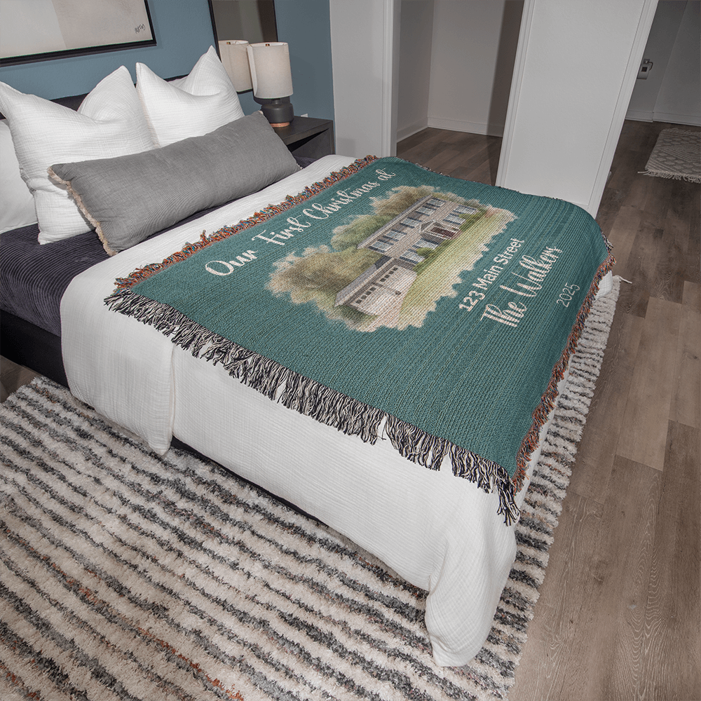 Our First Christmas In Our New Home Watercolor Woven Blanket 🎄🏡