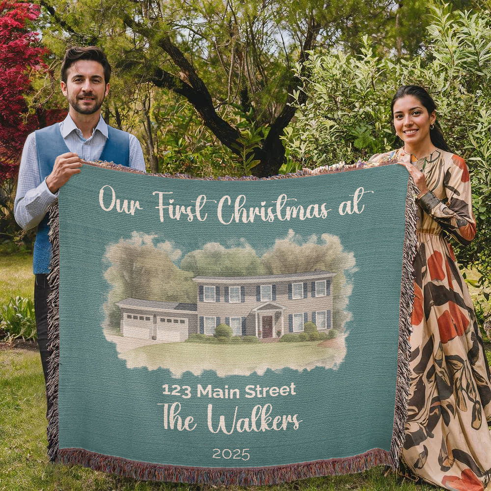 Our First Christmas In Our New Home Watercolor Woven Blanket 🎄🏡