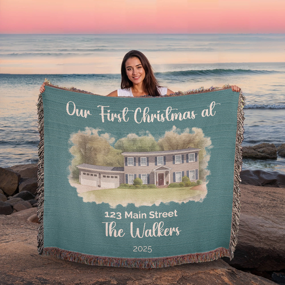 Our First Christmas In Our New Home Watercolor Woven Blanket 🎄🏡
