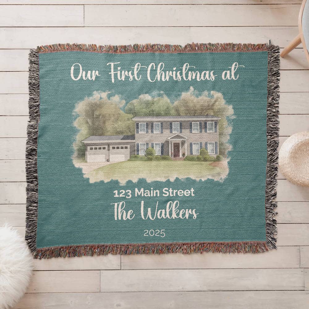 Our First Christmas In Our New Home Watercolor Woven Blanket 🎄🏡