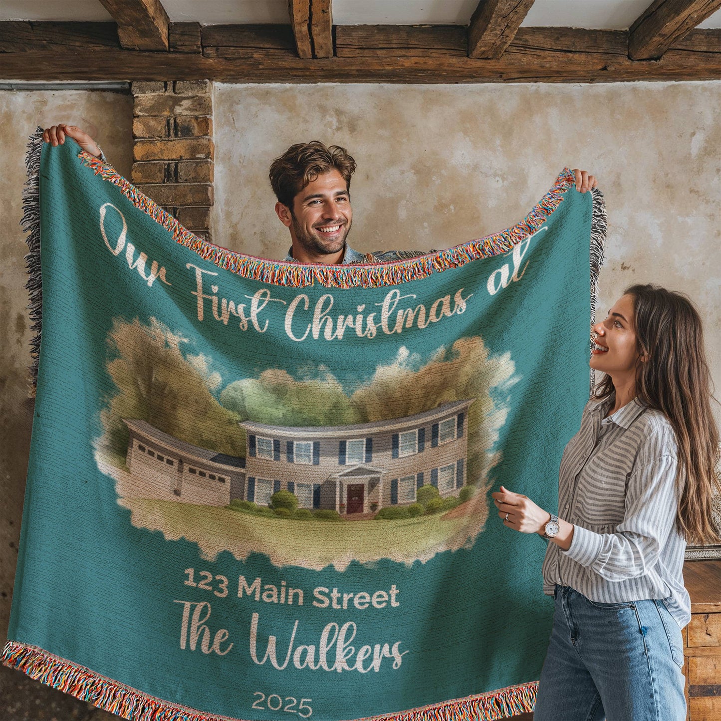 Our First Christmas In Our New Home Watercolor Woven Blanket 🎄🏡