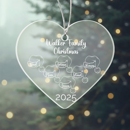 White Personalized Family Santa Hat Acrylic Heart Ornament