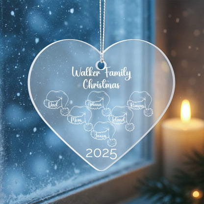 White Personalized Family Santa Hat Acrylic Heart Ornament