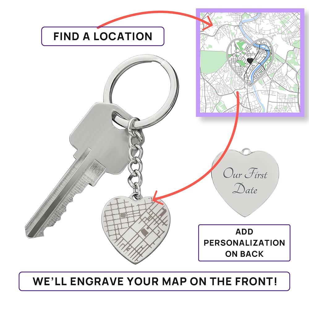 Engraved Heart Map Keychain
