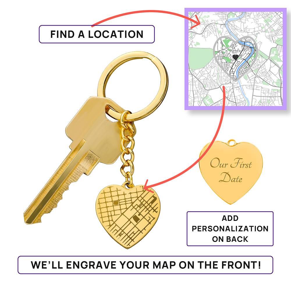 Engraved Heart Map Keychain