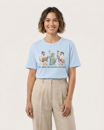 Liberty Ducks Patriotic T-Shirt — 'Life, Liberty & the Pursuit of Silliness' Cartoon Tee