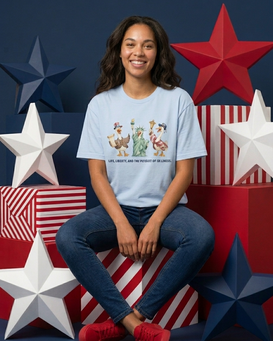 Liberty Ducks Patriotic T-Shirt — 'Life, Liberty & the Pursuit of Silliness' Cartoon Tee