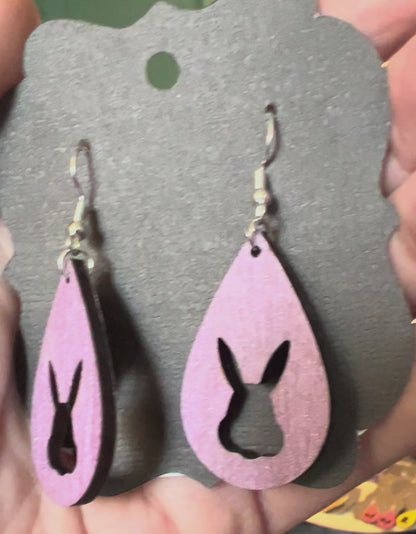 Rose Gold/Soft Lavender Bunny Silhouette Wooden Earrings